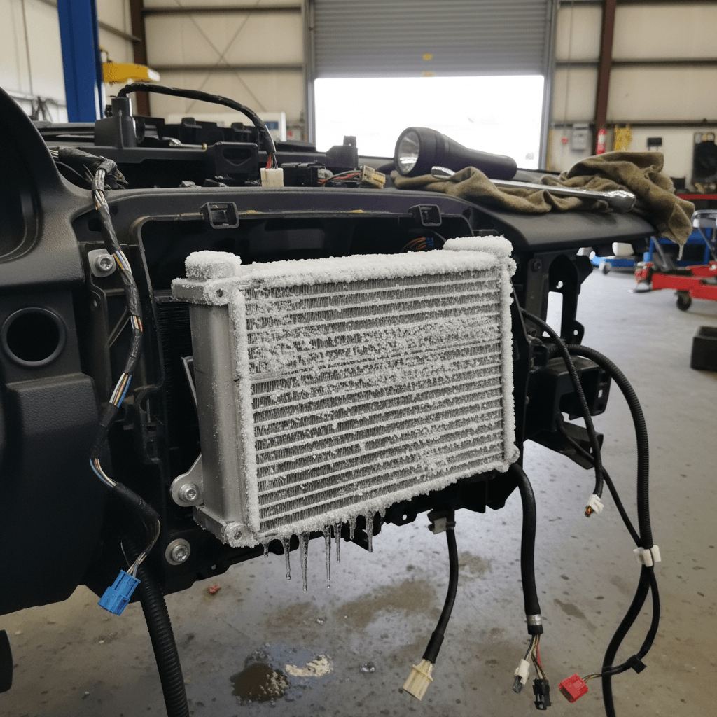 Frost-covered automotive heater core with icicles inside a disassembled car dashboard