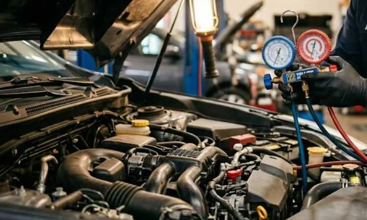Mechanic using a manifold gauge set while servicing a car engine